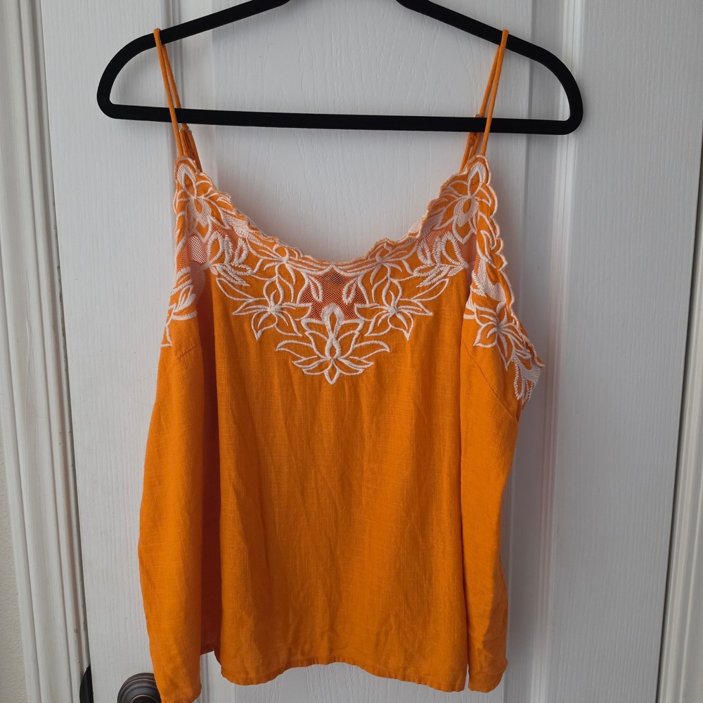 Express Orange Linen Blend Embroidered Scallop Neck Cami Tank Top XL